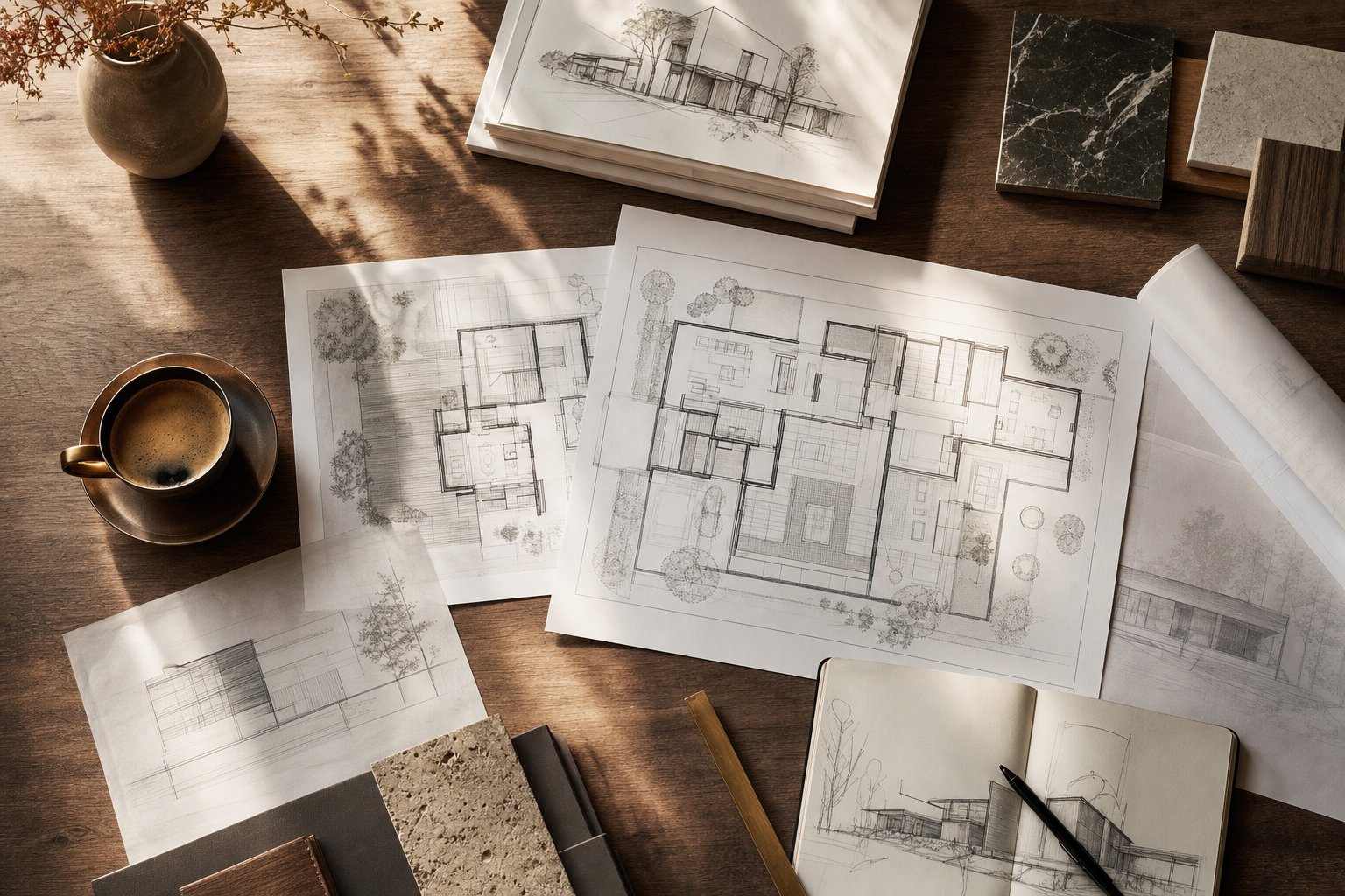 Architectural drawings, blueprints and material samples laid out on a timber table during the planning stage of a Canberra renovation