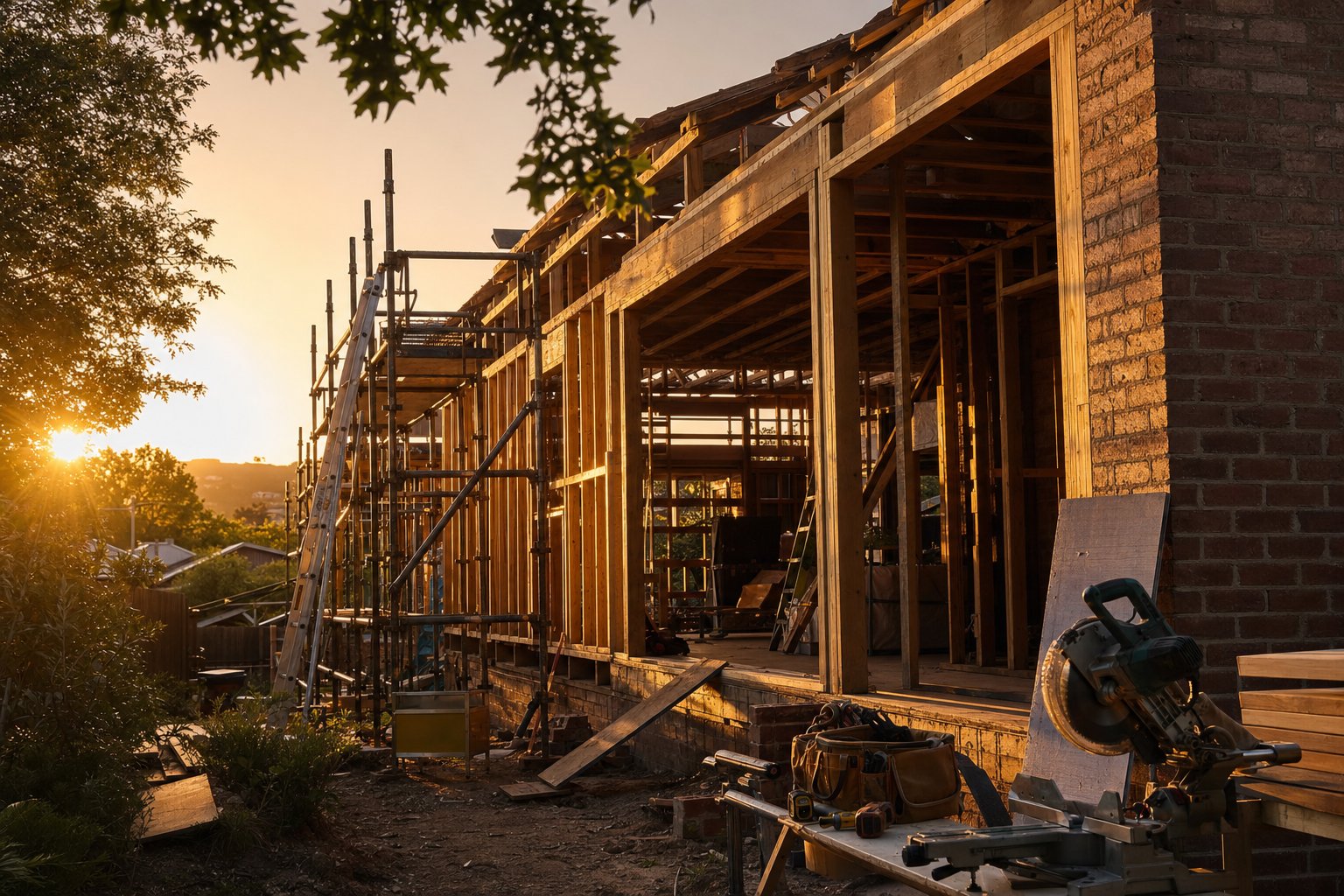 A Canberra home renovation in progress with timber framing, scaffolding and trades tools at golden hour